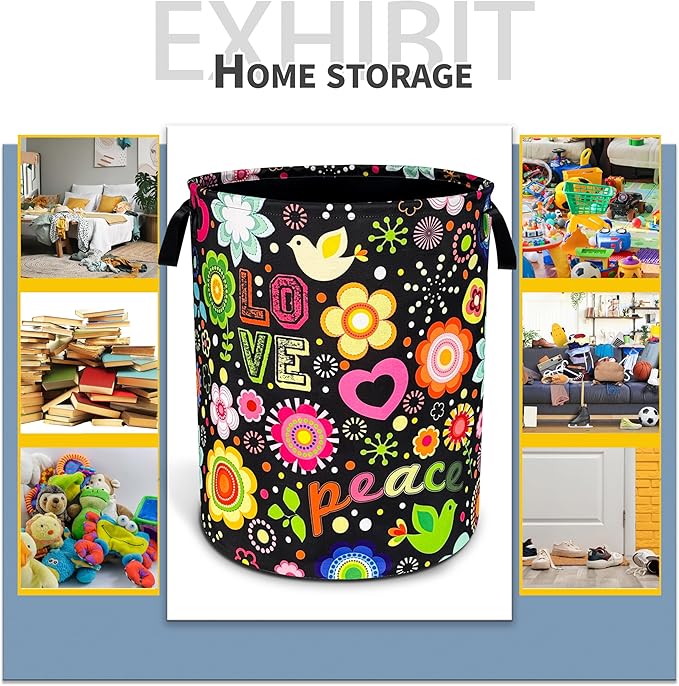 NUTAINLA Peace Hippie Flower Laundry Basket Foldable Oxford Cloth Funny Tote Bag Laundry Hamper Clothes Storage Bucket Toy Organizer For Bathroom/Laundry Storage/Bedroom 18.9x16.5 Inch