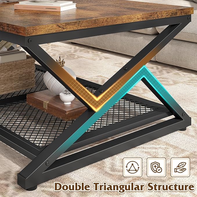 EnHomee Rustic Coffee Table with Storage, Farmhouse Coffee Table with Mesh Shelf, 2 Tier Rectangular Center Table for Living Room, Home Office, 39.4 Inch, Rustic Brown