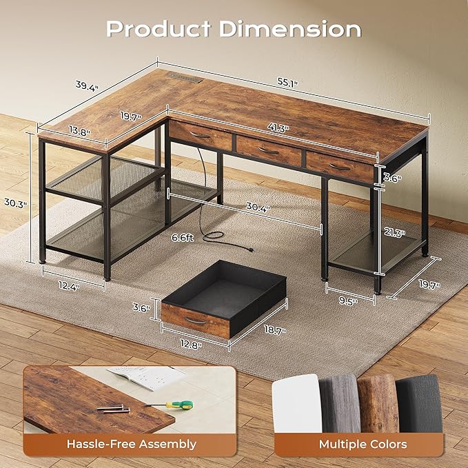 PRAISUN 55 Inch L Shaped Office Desk with Power Outlets and Type-C Port, Large Computer Gaming Desk with 3 Fabric Drawers, Mesh Shelves, Corner Study Work Writing Desk, Rustic Brown