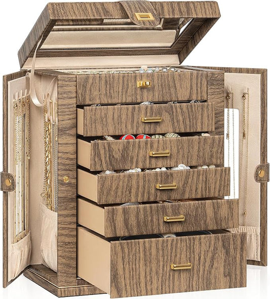 AKOZLIN 6-Tier Jewelry Box Organizer Functional 5 Drawers Leather Jewelry Storage Case for Women Girls Ring Necklace Earring Bracelet Holder Organizer with Mirror XL Wood Grain 360° Rotating