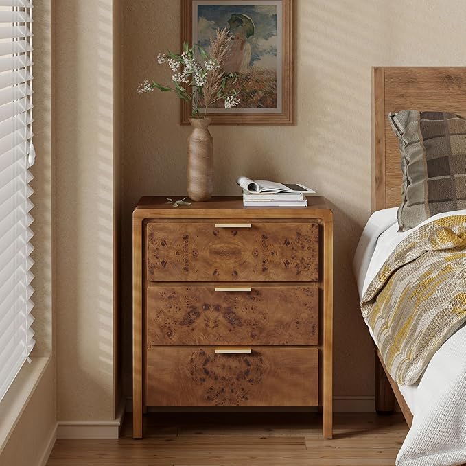COZAYH Farmhouse Nightstand Set of 2 with 3 Drawer, Distressed Wood Rustic Accent Dresser, Burl Finish Bedside Table for Bedroom, Entryway, Fully Assembled, Brown