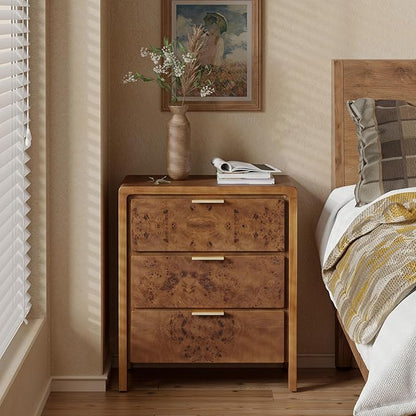 COZAYH Farmhouse Nightstand Set of 2 with 3 Drawer, Distressed Wood Rustic Accent Dresser, Burl Finish Bedside Table for Bedroom, Entryway, Fully Assembled, Brown