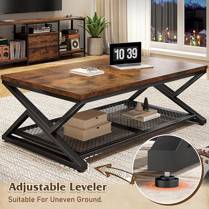 EnHomee Rustic Coffee Table with Storage, Farmhouse Coffee Table with Mesh Shelf, 2 Tier Rectangular Center Table for Living Room, Home Office, 47.2 Inch, Rustic Brown