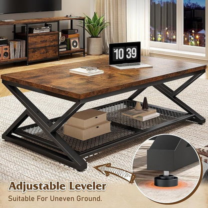 EnHomee Rustic Coffee Table with Storage, Farmhouse Coffee Table with Mesh Shelf, 2 Tier Rectangular Center Table for Living Room, Home Office, 47.2 Inch, Rustic Brown
