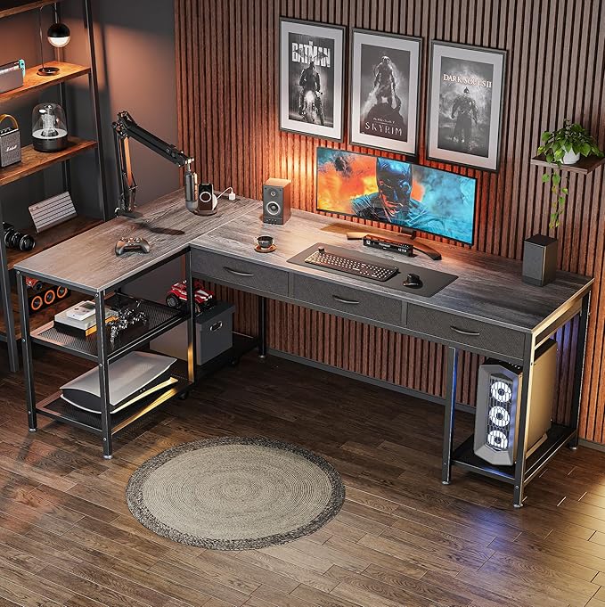 PRAISUN 63 Inch L Shaped Office Desk with Power Outlets and Type-C Port, Large Computer Gaming Desk with 3 Fabric Drawers, Mesh Shelves, Corner Study Work Writing Desk, Grey