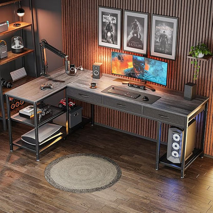 PRAISUN 63 Inch L Shaped Office Desk with Power Outlets and Type-C Port, Large Computer Gaming Desk with 3 Fabric Drawers, Mesh Shelves, Corner Study Work Writing Desk, Grey