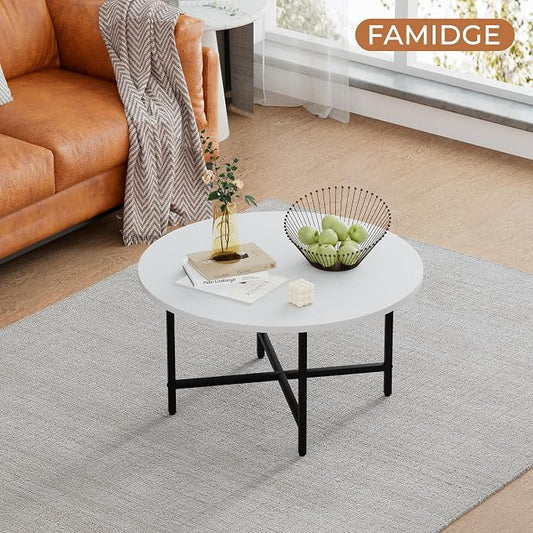 FAMIDGE Coffee Table, 23.6" Coffee Tables for Living Room, Round Coffee Table with Metal Frame, Floor Table for Sitting on The Floor, Home, Office, White