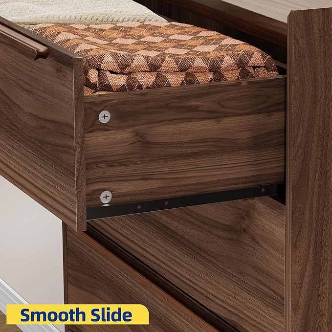 5-Drawer Dresser, 48" Tall Walnut Chest of Drawers for Bedroom, Mid Century Modern Storage Organizer for Closet, Hallway, or Small Apartment