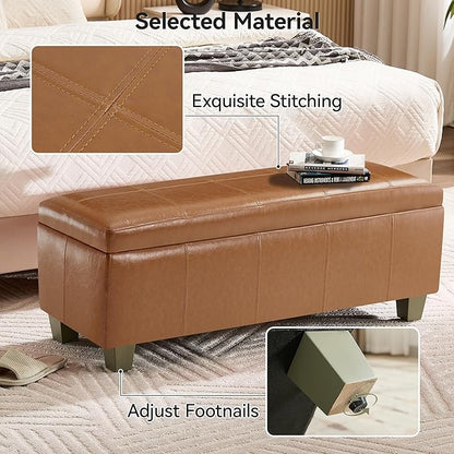 41" Faux Leather Storage Ottoman, Stitch Tufted Rectangle Upholstered End of Bed Storage Bench, Entryway Large Couch Ottoman with Wooden Legs, Light Brown