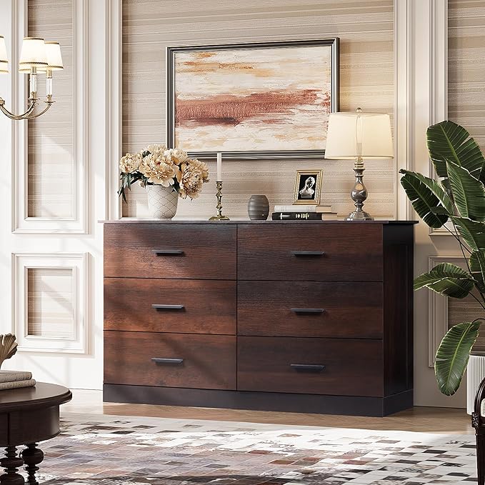 WLIVE Wooden Dresser for Bedroom, Wide Chest of Drawers with 6 Drawers, Large Brown Storage Tower Unit, Modern Minimalist Closet Store Organizer for Living Room, Hallway