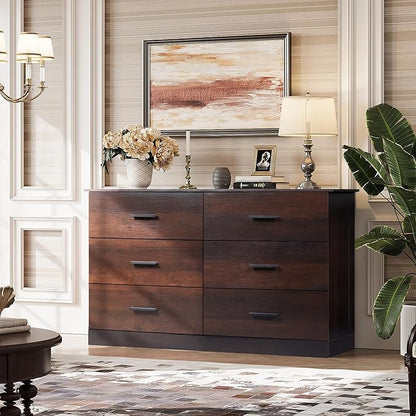 WLIVE Wooden Dresser for Bedroom, Wide Chest of Drawers with 6 Drawers, Large Brown Storage Tower Unit, Modern Minimalist Closet Store Organizer for Living Room, Hallway