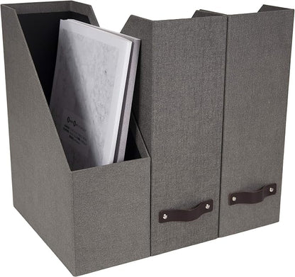 Bigso Box of Sweden Estelle Canvas Fiberboard Upright Magazine Storage Box Organizer for Papers & Catalogs w/Leather Handle | Magazine File Holder for Office Desks | 12.6" x 4.5" x 9.8" | Gray