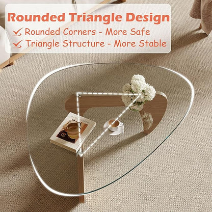 Modern Coffee Table for Living Room and Small Spaces, 43.3" x 29.5" x 15.8" Triangle Tempered Glass Table Top and Eco-Friendly Solid Wood Base, Natural Wood