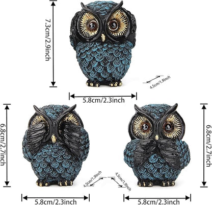 Owl figurine and sculptures for shelf decor accents,3 wise Owl statue for living room bedroom decoration,Retro animal decor,boho gift for women bird lover,see no evil hear no evil speak no evil