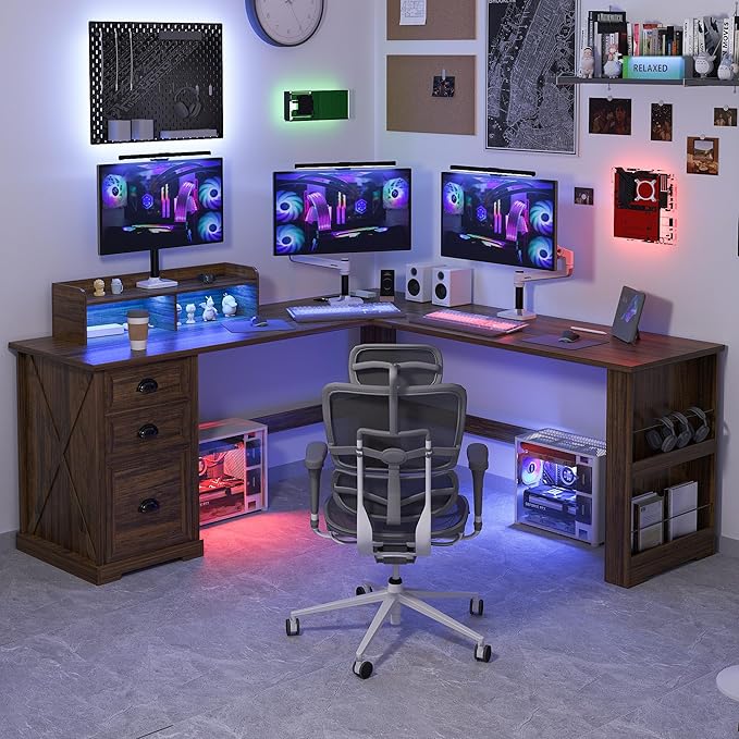 FREDEES L Shaped Desk with Movable Stand and Led Lights, 59 inch Farmhouse Home Office Desk with File Drawer, Corner Computer Desk with Power Outlets, Executive Desk for Working,Gaming, Walnut