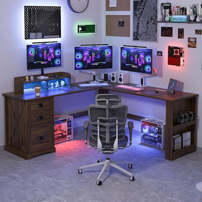 FREDEES L Shaped Desk with Movable Stand and Led Lights, 59 inch Farmhouse Home Office Desk with File Drawer, Corner Computer Desk with Power Outlets, Executive Desk for Working,Gaming, Walnut