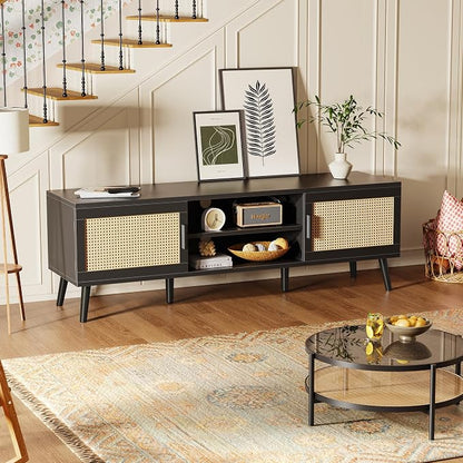 SUPERJARE TV Stand for 65 Inch TV, Entertainment Center with Adjustable Shelf, Rattan TV Console with 2 Cabinets, Media Console, Solid Wood Feet, 4 Cord Holes, for Living Room, Black
