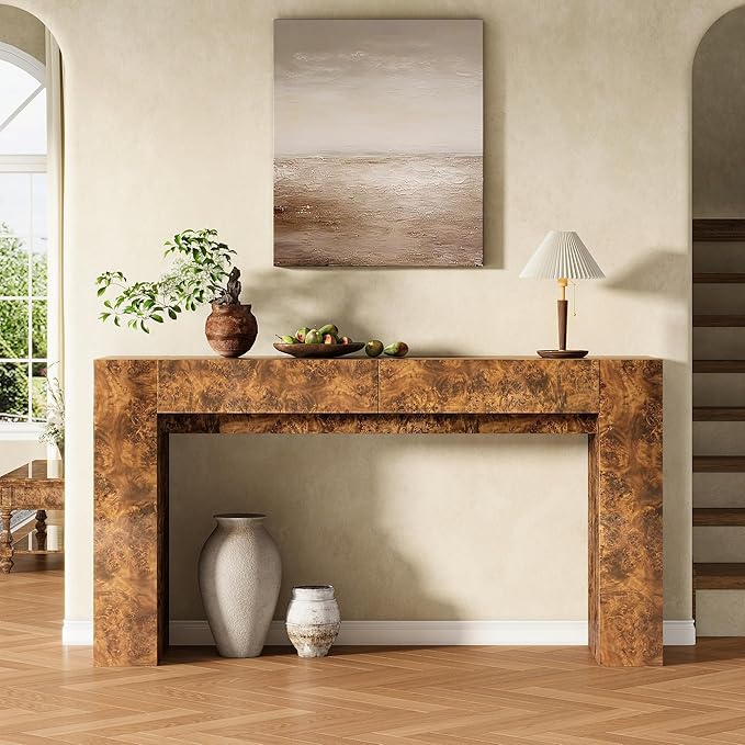AMERLIFE 63" Burl Wood Console Table, Modern High Gloss Entryway Table with 2 Storage Drawers, Long Sofa Table Behind The Couch for Entrance, Hallway, Foyer, Living Room, Brown