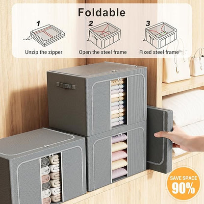 Clothes Storage Bins with Metal Frame, Foldable Clothes Organizers Storage Containers for Clothes, Sheets, Blankets, Pillows and Towels （66L, 3 Pack, Deep Grey