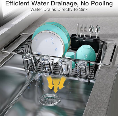 JASIWAY Black Sink Dish Drying Rack with Drainboard, Expandable Stainless Steel Dish Drainers for Kitchen Counter, Space Saving Dish Dryer Rack, Over The Sink Dish Racks with Utensil Holder