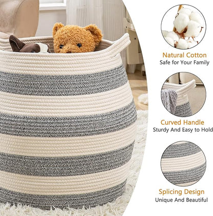 KAKAMAY Woven Baskets for Storage(17"x17"),Large Cotton Rope Basket Woven Baby Laundry Hamper,Collapsible Laundry Basket, Blanket Basket for Organizing Living Room,Nursery,Pillows,Toy Chest(Grey)