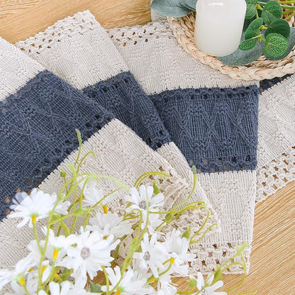 FEXIA Boho Blue Table Runner 108 Inches Long with Tassels Macrame Farmhouse Summer Style Graduation Party Rustic Wedding Baby Shower Dining Kitchen Living Room Decor (12x108 Inches)