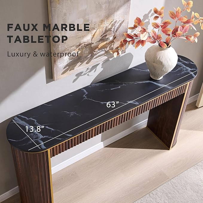 OKD Modern Fluted Console Table, 63" Long Narrow Entryway & Sofa Tables for Hallway, Tall Accent Table Behind Couch for Foyer Living Room, Dark Walnut
