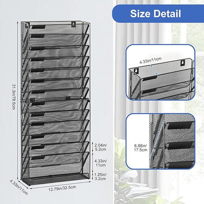 EasyPAG Wall File Holder 14 Tier Mesh Hanging Folder Organizer with Flat Tray Wall Mounted Mail Organizer Magazine Paper Desk Shelf with Nametag Label for Office Home School, Black