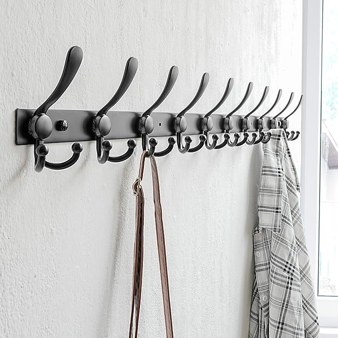 Dseap MaxStrong 2.0 Coat Rack Wall - 37” Long 10 Tri Hooks - Ultra Heavy-Duty Stainless Steel Wall Mount Coat Hanger, Hook Rail for Clothes Hats Jacket Towels Black, Pack of 2
