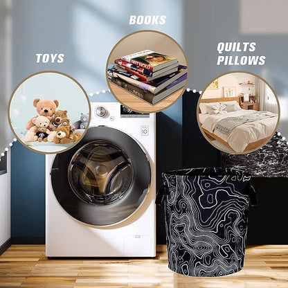Topographic Map Laundry Basket Topography Pattern Foldable Oxford Cloth Funny Tote Bag Laundry Hamper Clothes Storage Bucket Organizer For Bathroom/Laundry Storage/Bedroom 18.9x16.5 Inch