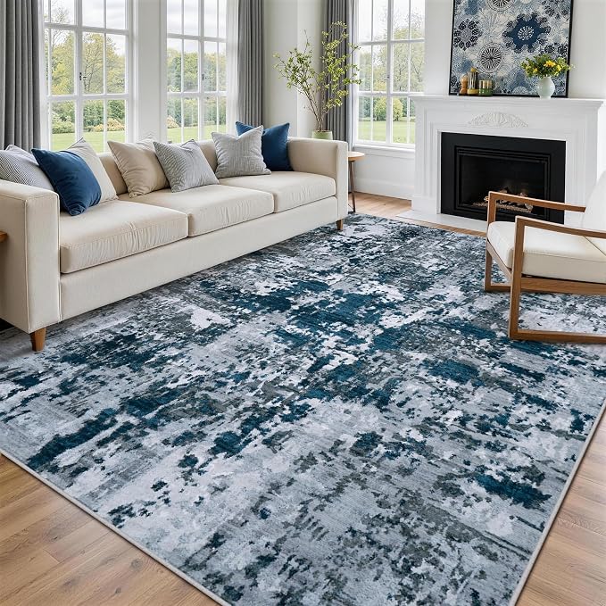 9x12 Area Rugs for Living Room Rug Washable: Abstract Large Rug for Dining Room Bedroom Carpet Non Slip 9 by 12 Indoor Modern Nursery Home Office Navy Grey