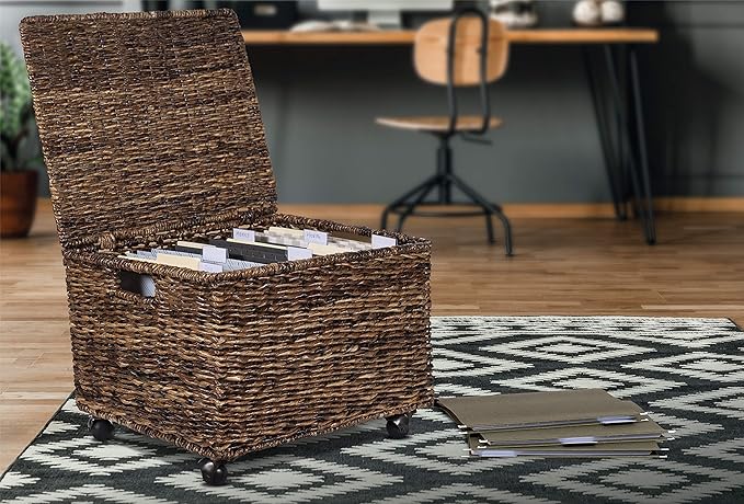 BIRDROCK HOME Rolling File Cabinet with Lid | Small Wooden Under Desk Organizer | Seagrass Basket with Wheels | Portable Home Office Filing System - Mini Decorative Box, Single Drawer, Brown Wash