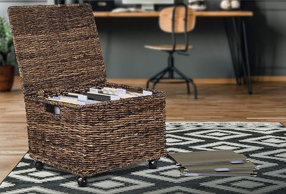 BIRDROCK HOME Rolling File Cabinet with Lid | Small Wooden Under Desk Organizer | Seagrass Basket with Wheels | Portable Home Office Filing System - Mini Decorative Box, Single Drawer, Brown Wash