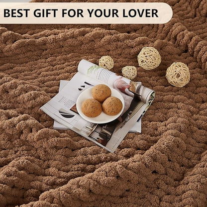 L'AGRATY Chunky Knit Blanket Throw: 50''x60'' Chenille Chunky Knitted Throw Blankets for Bed Couch - Handmade Thick Big Cable Knit Blanket - Large Crochet Rope Blankets for Home Decor(Brown)