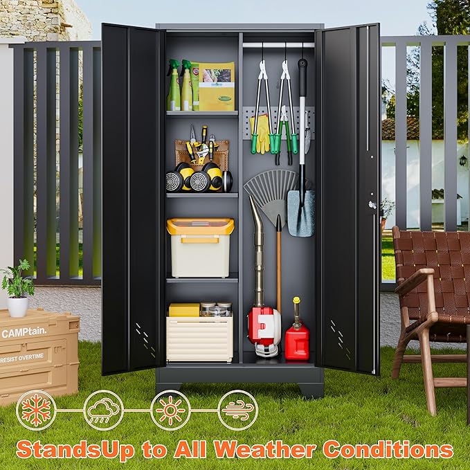 Storage Cabinet 61" H, Metal Tools Storage Cabinet with Lockable Doors and Shelves, Outdoor Storage Sheds with Removable Pegboard for Garage, Utility Room, Office