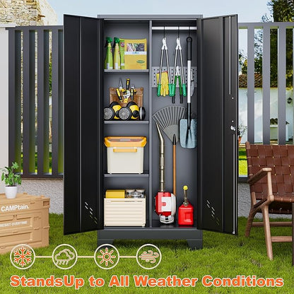 Storage Cabinet 61" H, Metal Tools Storage Cabinet with Lockable Doors and Shelves, Outdoor Storage Sheds with Removable Pegboard for Garage, Utility Room, Office