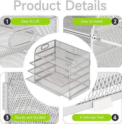 5 Tier Paper Organizer with Handle, Silver Metal Mesh Desk Organizer File Folder Paper Letter Tray Desktop Document Sorter for Classroom, School, Office Accessories Organization and Storage
