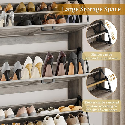 Shoe Cabinet Storage for Entryway, Shoe Storage Cabinet with 3 Flip Drawers, Freestanding Narrow Shoe Rack Organizer with Metal Legs for Foyer, Hallway, Grey