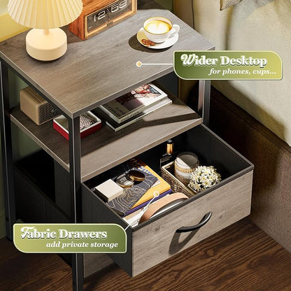 Huuger Night Stand Set of 2, Nightstand with 2 Drawers, Bed Side Table with Open Shelf, Wooden Top, End Table, Fabric Drawer with Oak Wooden Print Surface, for Bedroom