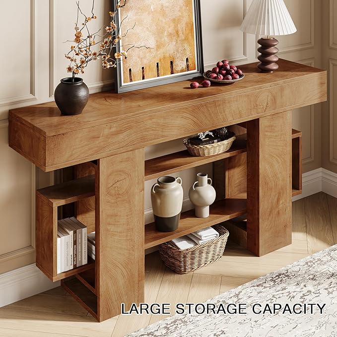 63 Inch Long Console Table for Entryway, Farmhouse Wooden Sofa Table Behind Couch with 3-Tier Storage Shelf, Narrow Entry Accent Table for Living Room, Hallway, Foyer, Oak