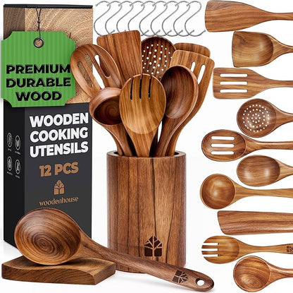 Wooden Spoons for Cooking – 12 Pcs Teak Wooden Utensil Set, Cooking Utensils Set with Holder, Hooks & Spoon Rest - Heat Resistant, Durable, Nonstick Safe Kitchen Cookware