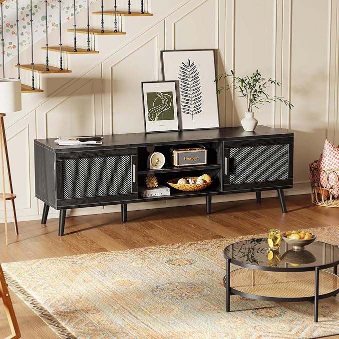 SUPERJARE TV Stand for 65 Inch TV, Entertainment Center with Adjustable Shelf, TV Console with 2 Cabinets, Media Console, Solid Wood Feet, 4 Cord Holes, for Living Room, Black