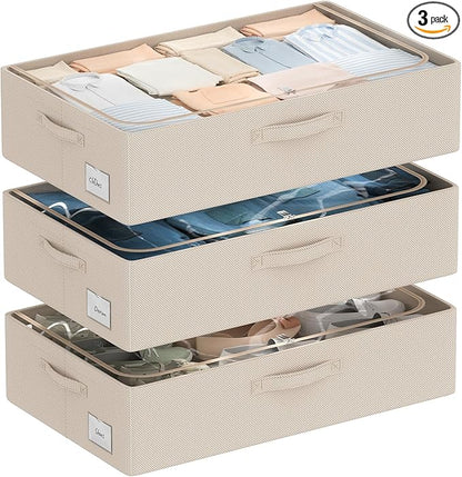 CYhom 3Pcs Under Bed Storage Bins with Metal Frame - Shoe Organizer for Closet with Clear Cover Oxford Fabric Sturdy Underbed Container Foldable Stackable Clothes Organizer (Beige, 23.5x15.7x6.3)