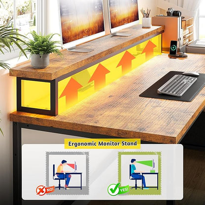 Computer Desk with Monitor Stand,Office Desk with LED Lights &Power Outlets,Gaming Desk with Drawers & Printer Shelf,Writing Table with Side Storage Bag,57" W x 20" D x 36" H,Rustic Brown