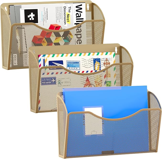 EasyPAG Wall File Organizer 3 Pack, Hanging File Organizer Wall Mount, Metal Mesh Folder Holder for Letter/A4 Papers, Mail Sorter for Office, Classroom, Home, Gold