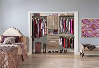 ClosetMaid SuiteSymphony Wood Closet Organizer Kit with Tower, 3 Hang Rods, Top Shelves, 4 Drawers, Doors, Adjustable, Fits Spaces 6 - 10 ft. Wide, Natural Grey