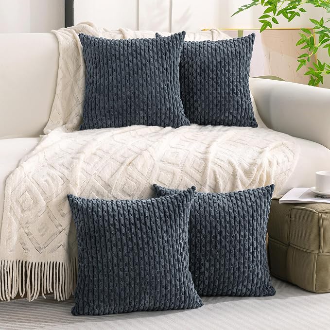 Set of 4 Grey Blue Decorative Throw Pillow Covers 20x20 Inch Corduroy Pillow Covers for Bed Couch Sofa Living Room Soft Square Cushion Cases