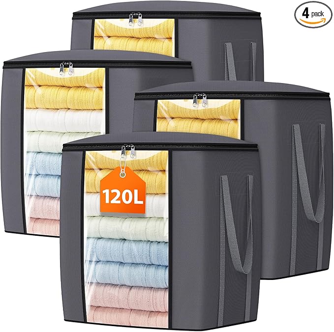 TasticTotes 120L Extra Large Clothes Storage Bags, Foldable Blanket Storage and Organization, Thick Fabric Containers with Reinforced Handles & Zippers for Clothing, Comforters, Bedding, Gray, 4 Pack