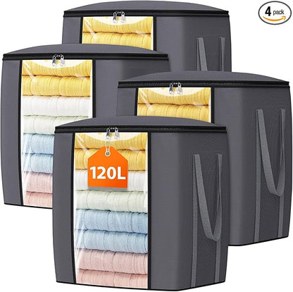 TasticTotes 120L Extra Large Clothes Storage Bags, Foldable Blanket Storage and Organization, Thick Fabric Containers with Reinforced Handles & Zippers for Clothing, Comforters, Bedding, Gray, 4 Pack