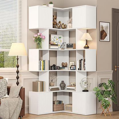 Semoic 71 inch Corner Bookshelf, 5 Tier Storage Bookcase, L-Shaped Cube Bookshelf, Wood Modern Book Shelf Organizer for Living Room/Home Office/Bedroom Display Unit, White
